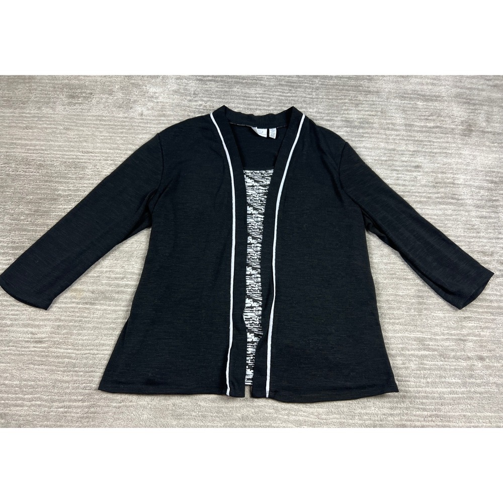 Kim Rogers Cardigan Womens L Black 2-in-1 Layered Look 3/4 Sleeve Open Front Top